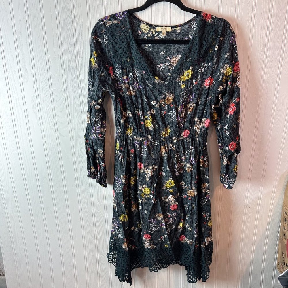 Kori America Black Floral dress‎ Lace trim size small